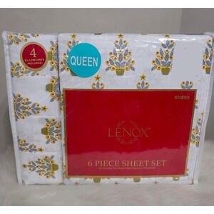 Lenox Queen 6 Piece Sheet Set Christmas Tree Holly White Gold Grey Holiday NEW